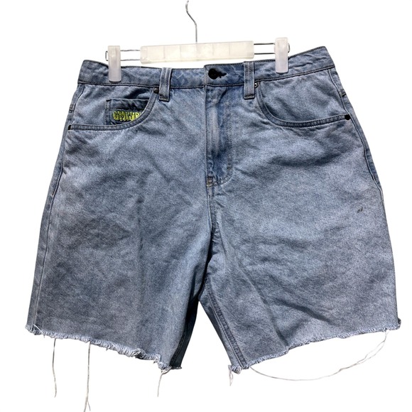 Empyre Other - Empyre Denim Shorts Men‎ 30 Light Wash Blue Relax Fit Embroidered Raw Hem Cutoff